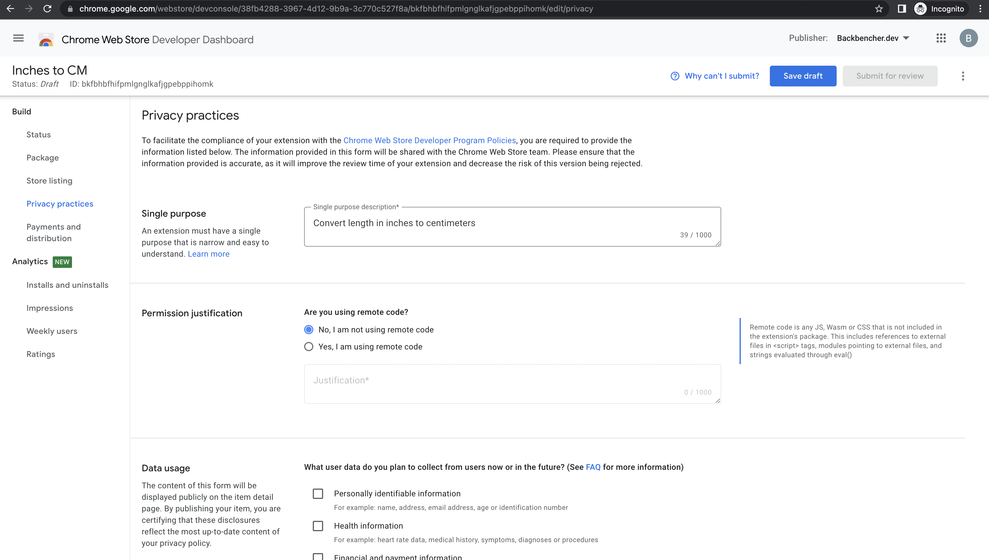 Extension details page